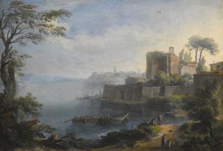 Paolo Anesi - An Italianate Coastal Landscape, With Ruins Above A Fortified Wall, And Figures In Boats And On A Path In The Foreground