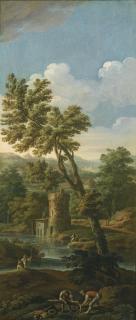 Paolo Anesi - An Italianate River Landscape With Figures In The Foreground Breaking Up A Tree, Fishermen And Mountains Beyond