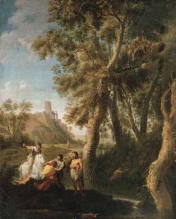 Paolo Anesi - Classical figures conversing on the banks of a river