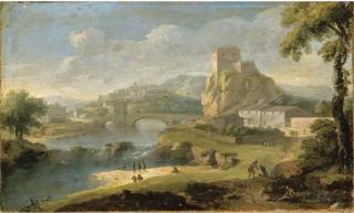 Paolo Anesi - Figures In A River Landscape With A Bridge And Walled City Beyond