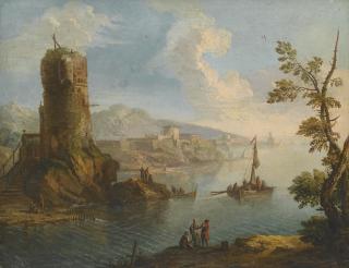 Paolo Anesi - Harbour Scene With A Ruined Watch Tower And Groups Of Figures Standing On The Rocky Shore