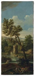 Paolo Anesi - Italianate River Landscape With Figures Breaking Up A Tree In The Foreground, Fishermen And Mountains In The Distance