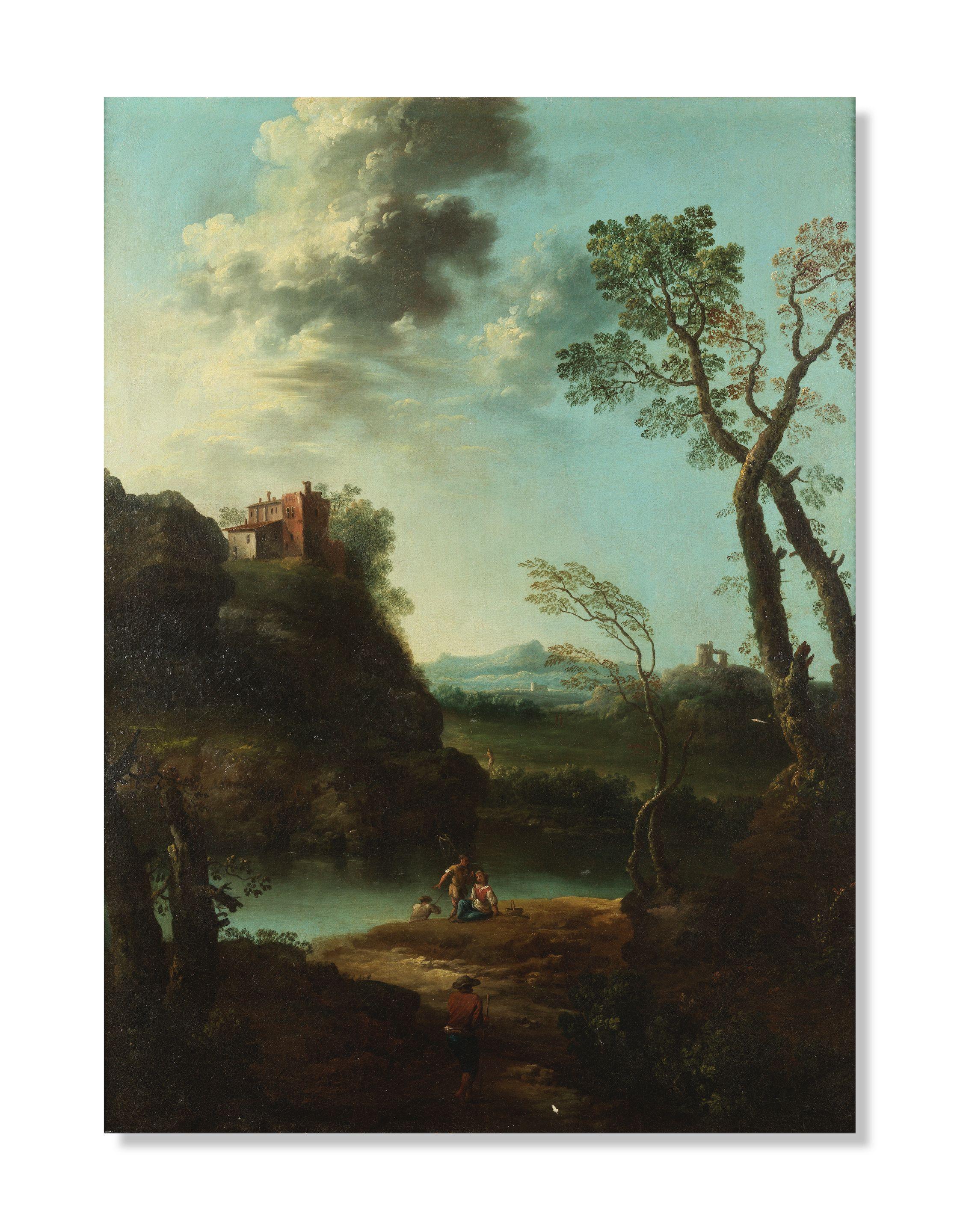 Paolo Anesi - Paysage boisé animé de figures au bord de l\'eau