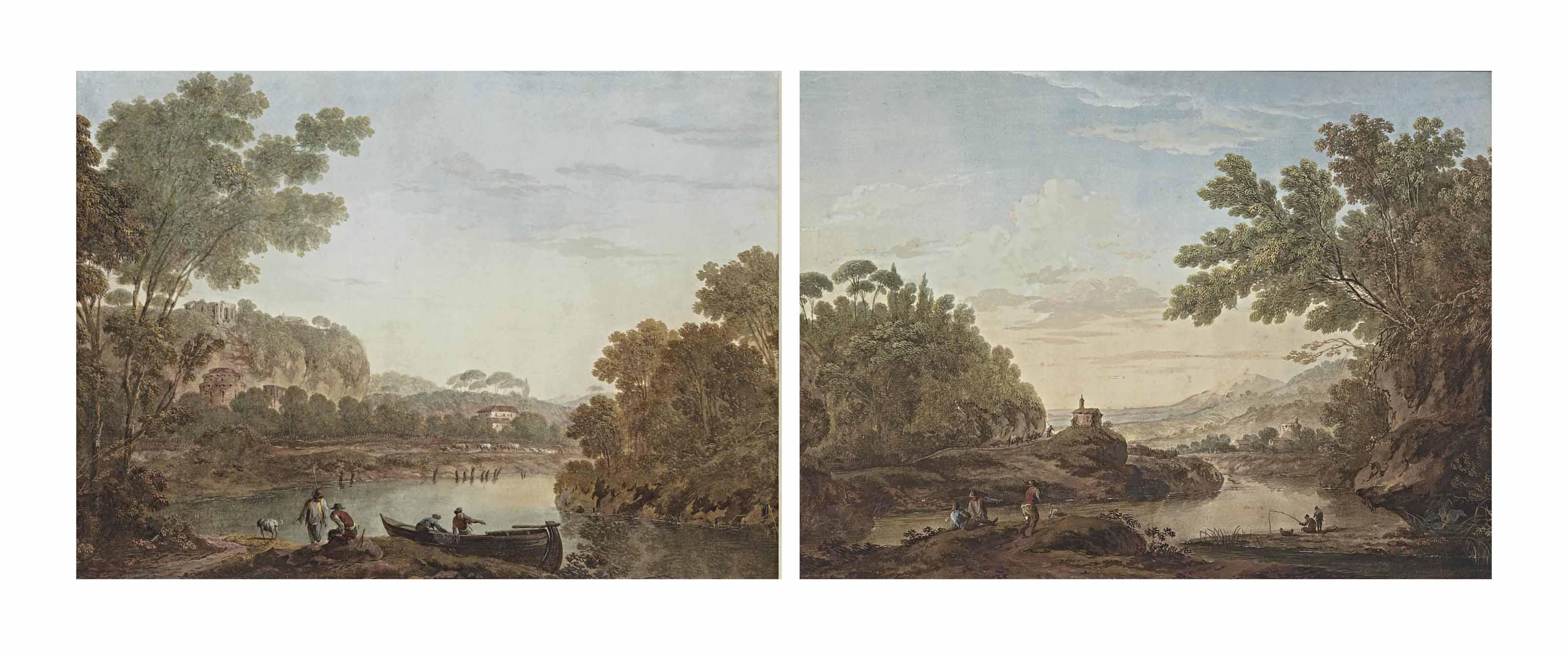 Paolo Anesi - Pêcheurs Dans Une Barque Sur Le Bord Du Rivage; Et Hommes Discutant Sur Le Bord Du Rivage Dans Un Paysage Arboré