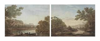 Paolo Anesi - Pêcheurs Dans Une Barque Sur Le Bord Du Rivage; Et Hommes Discutant Sur Le Bord Du Rivage Dans Un Paysage Arboré