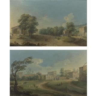 Paolo Anesi - View Of The Arsenal Near The Porta Portese, Rome; Landscape With A Shepherd And Other Figures Outside A Walled Town