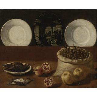 Paolo Antonio Barbieri - Still Life With Plates, A Sack Filled With Olives, Game, Pomegranates, And Quince
