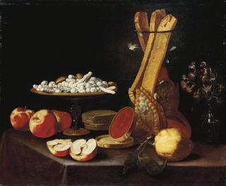 Paolo Antonio Barbieri - Sweets On A Tazza, Narcissi In A Glass Vase, Breadsticks In A Jar, And Apples, Jelly And A Lemon On A Draped Table