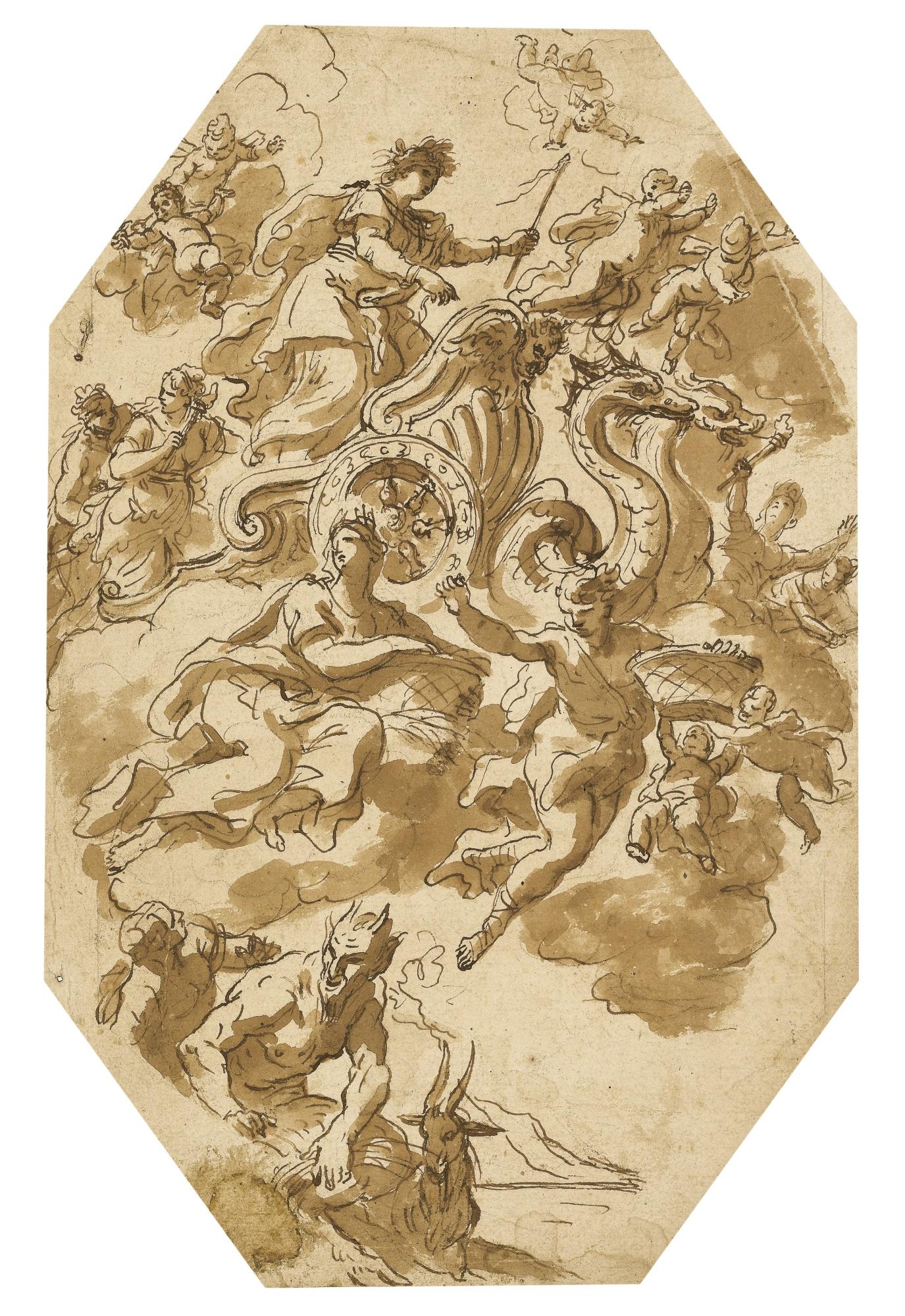 Paolo De Matteis - Design For A Ceiling Decoration With Aurora Driving A Chariot Drawn By Dragons