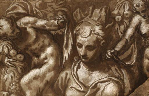 Paolo Farinati - The bust of a woman flanked by male and female satyrs holding drapery