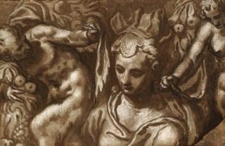 Paolo Farinati - The bust of a woman flanked by male and female satyrs holding drapery