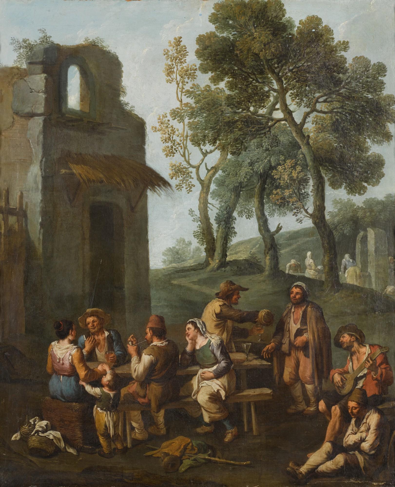 Paolo Monaldi - A Landscape With Peasants Sitting And Drinking By A Ruined House