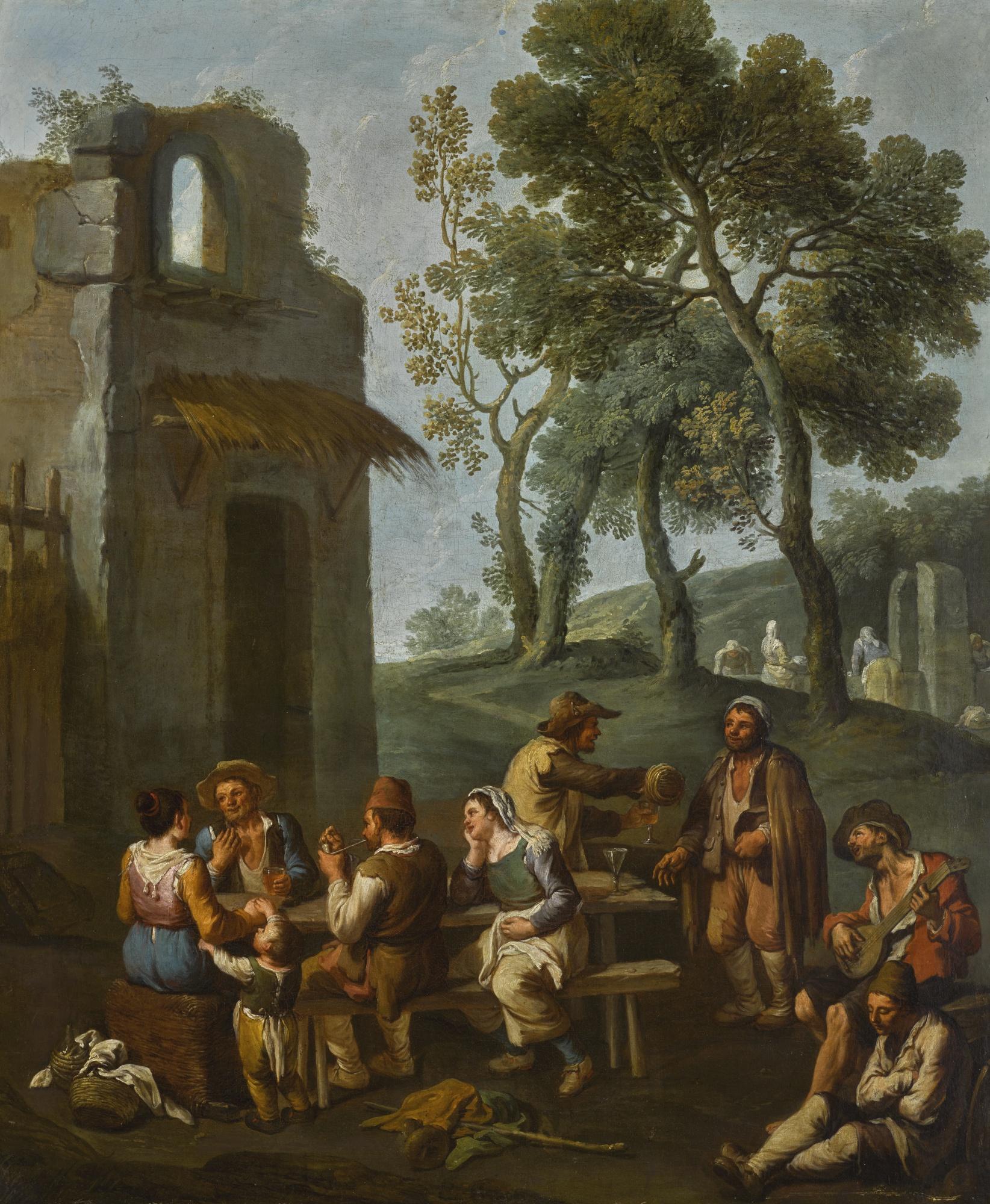 Paolo Monaldi - A Landscape With Peasants Sitting And Drinking By A Ruined House