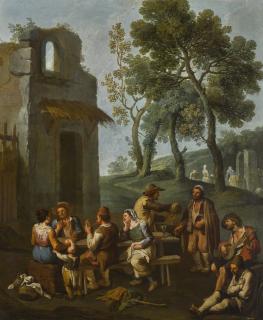 Paolo Monaldi - A Landscape With Peasants Sitting And Drinking By A Ruined House