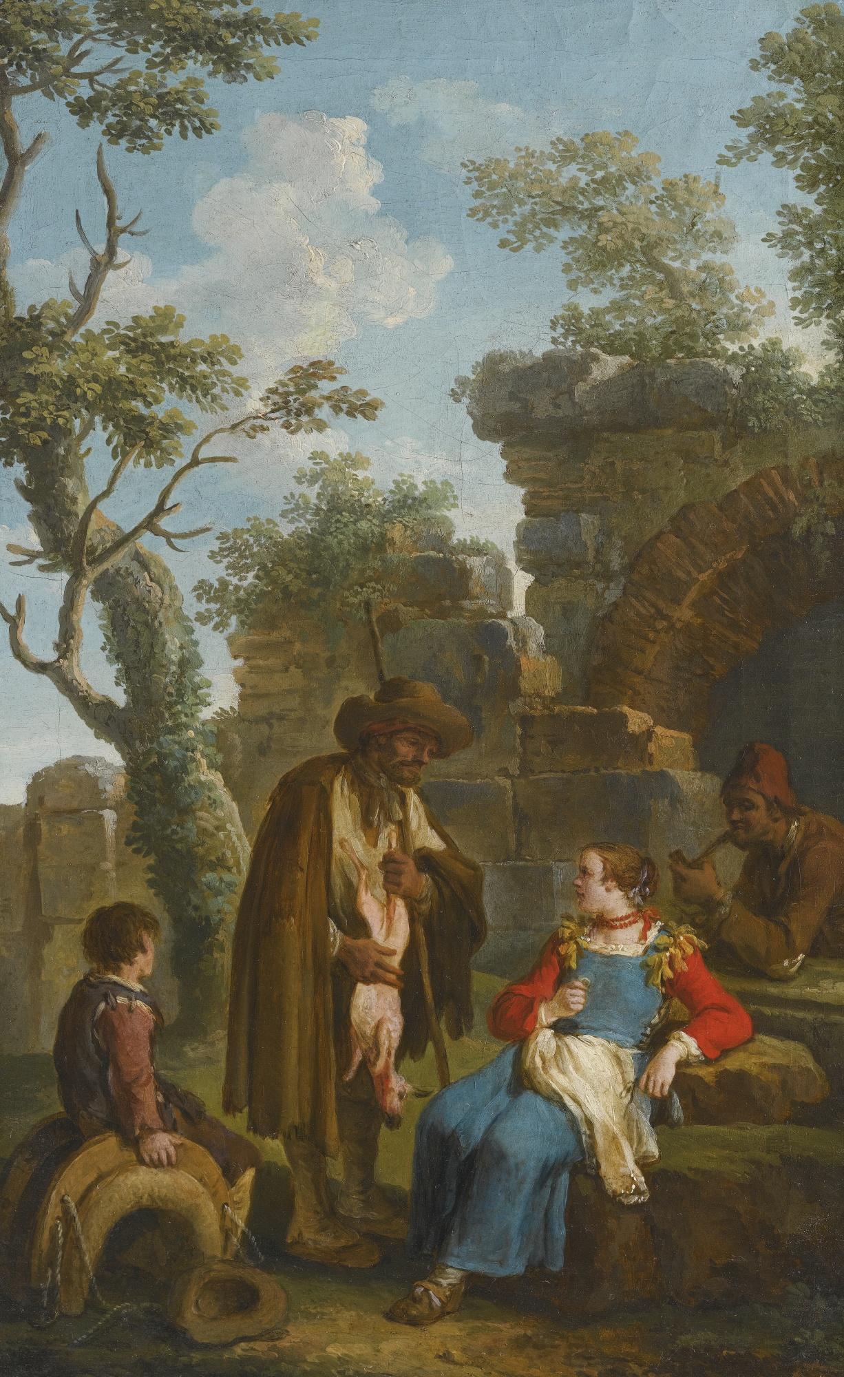 Paolo Monaldi - A Woman Buying A Kid Goat From A Shepherd, With A Boy Sitting On A Saddle And A Man Smoking A Pipe, By A Ruin
