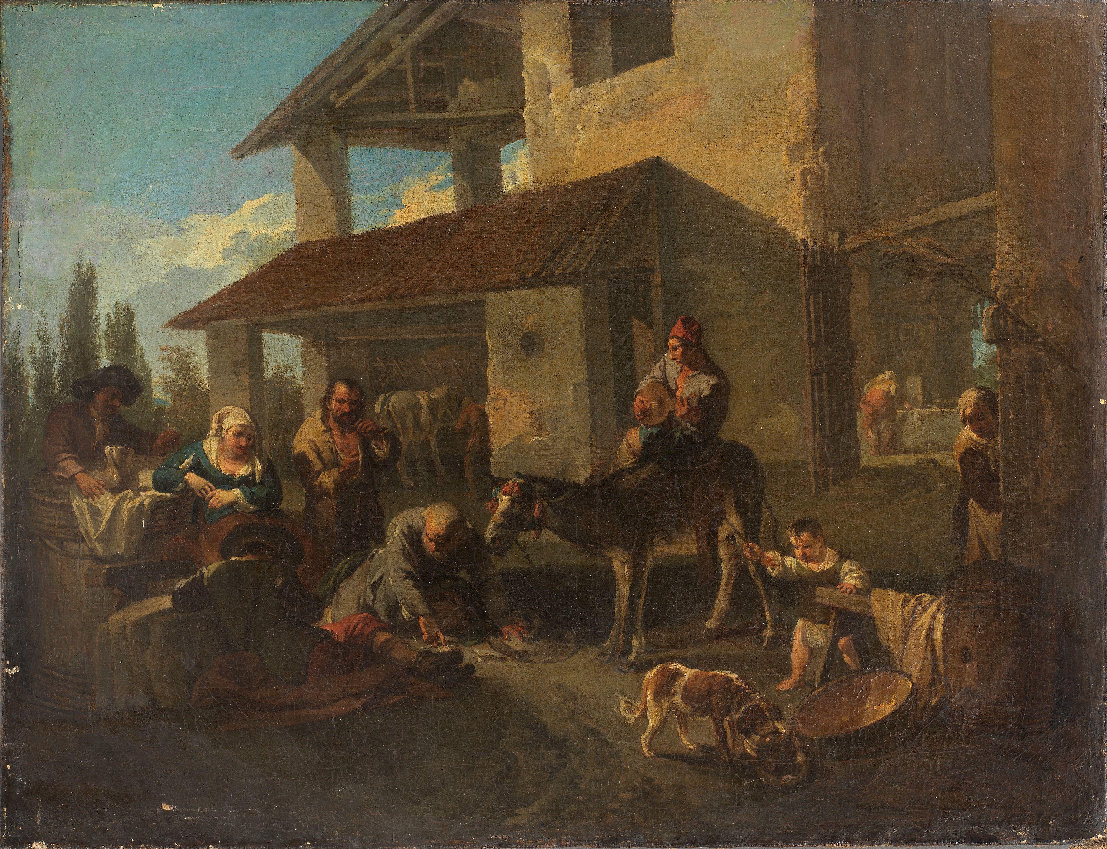 Paolo Monaldi - Figures gathered outside an inn unframed