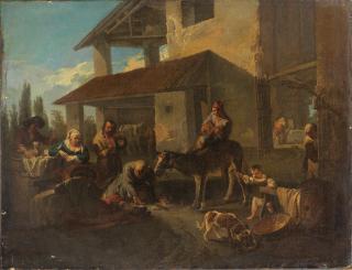 Paolo Monaldi - Figures gathered outside an inn unframed