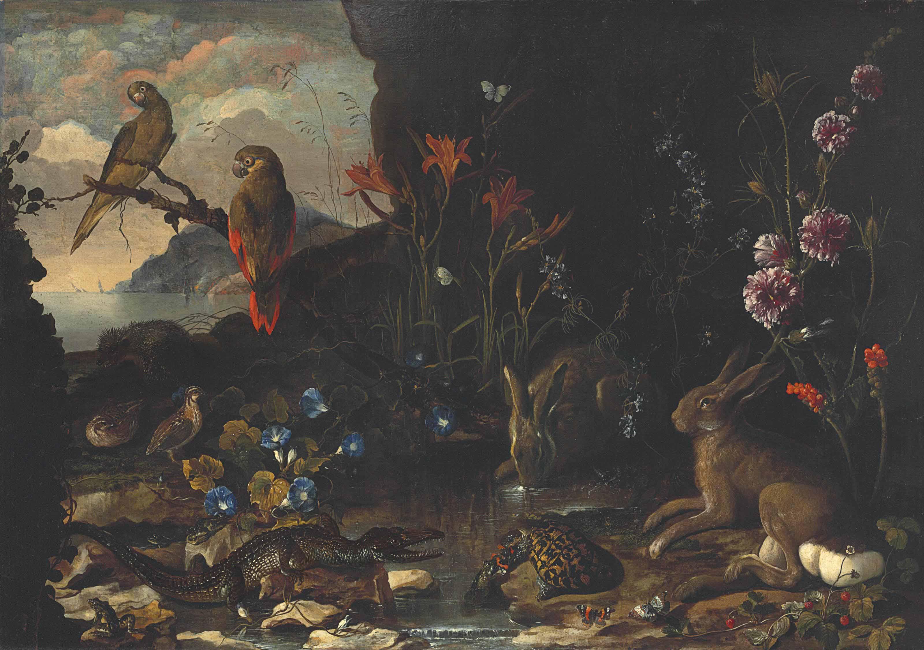 Paolo Porpora - Hares, A Tortoise, A Crocodile, Frogs, Quails, A Hedgehog, Butterflies, Dragonflies And Parakeets By A Pool, With Flowers, Strawberries And A River In The Distance