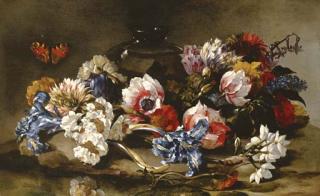 Paolo Porpora - Lilacs, roses, irises and other flowers on a stone ground with a glass vase and a peacock butterfly