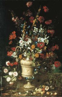 Paolo Porpora - Roses, hollyhocks, lillies, convovulus and other flowers in a classical urn with fruit, a lizard and a snake