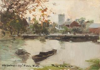 Paolo Sala - Paesaggio con laghetto e barche