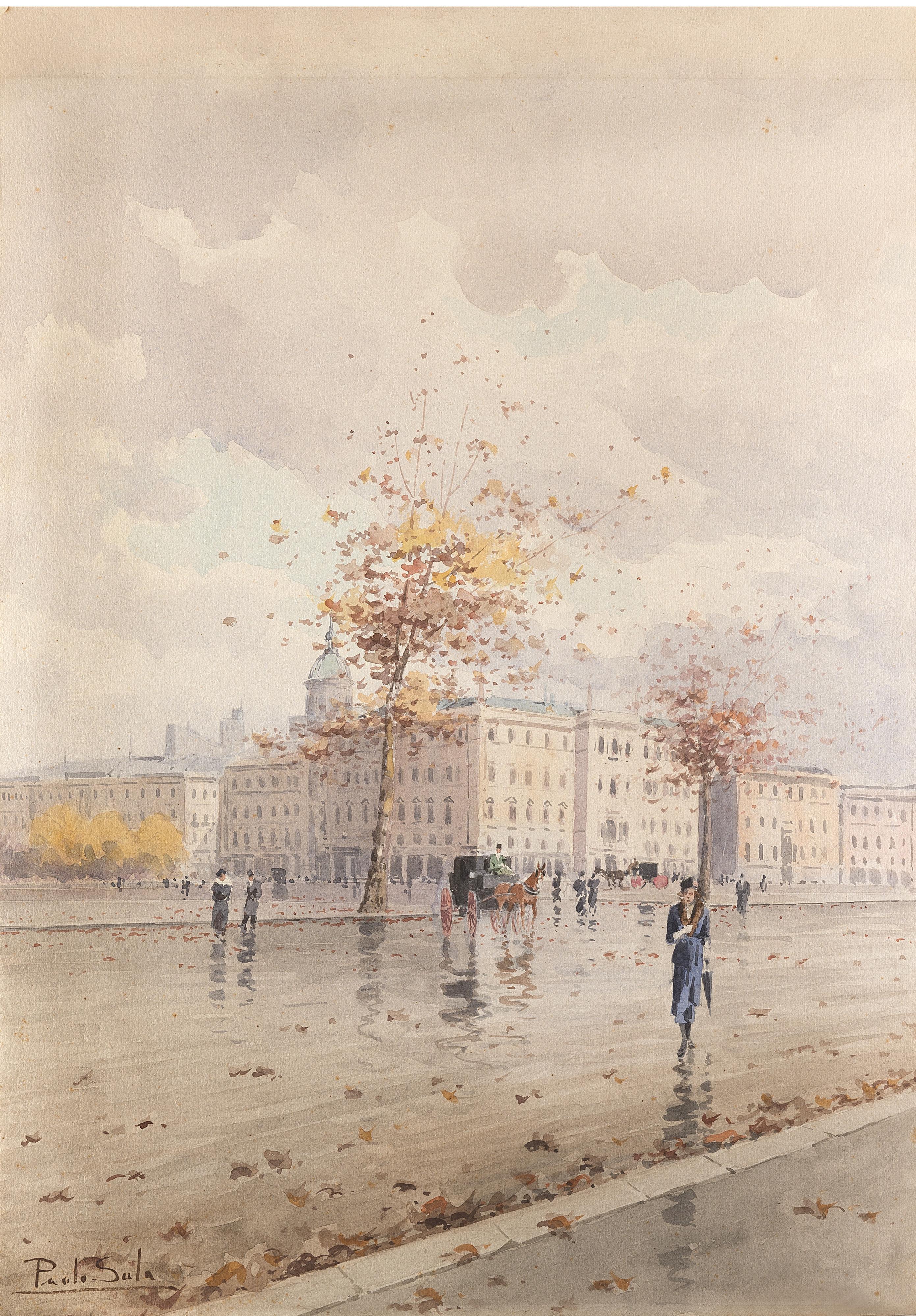 Paolo Sala - Scorcio di Milano con carrozze e passanti