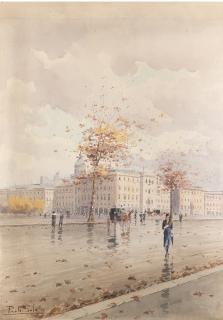 Paolo Sala - Scorcio di Milano con carrozze e passanti