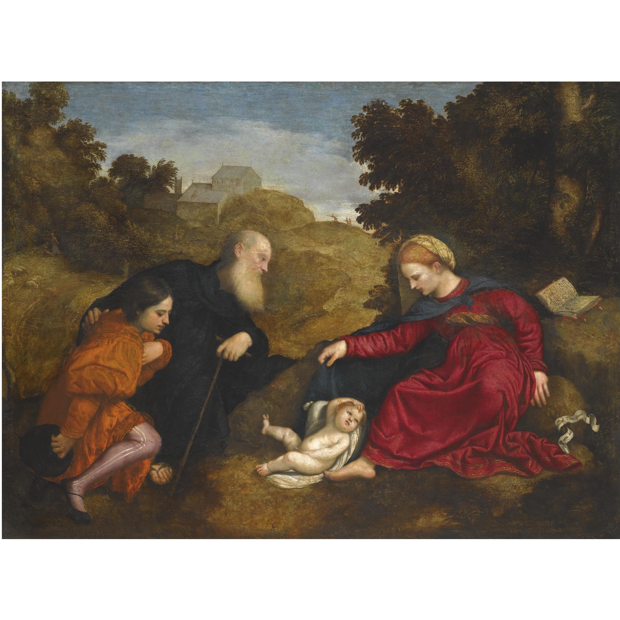 Paris Bordone - Madonna And Child With St Anthony Abbot And A Young Male Donor