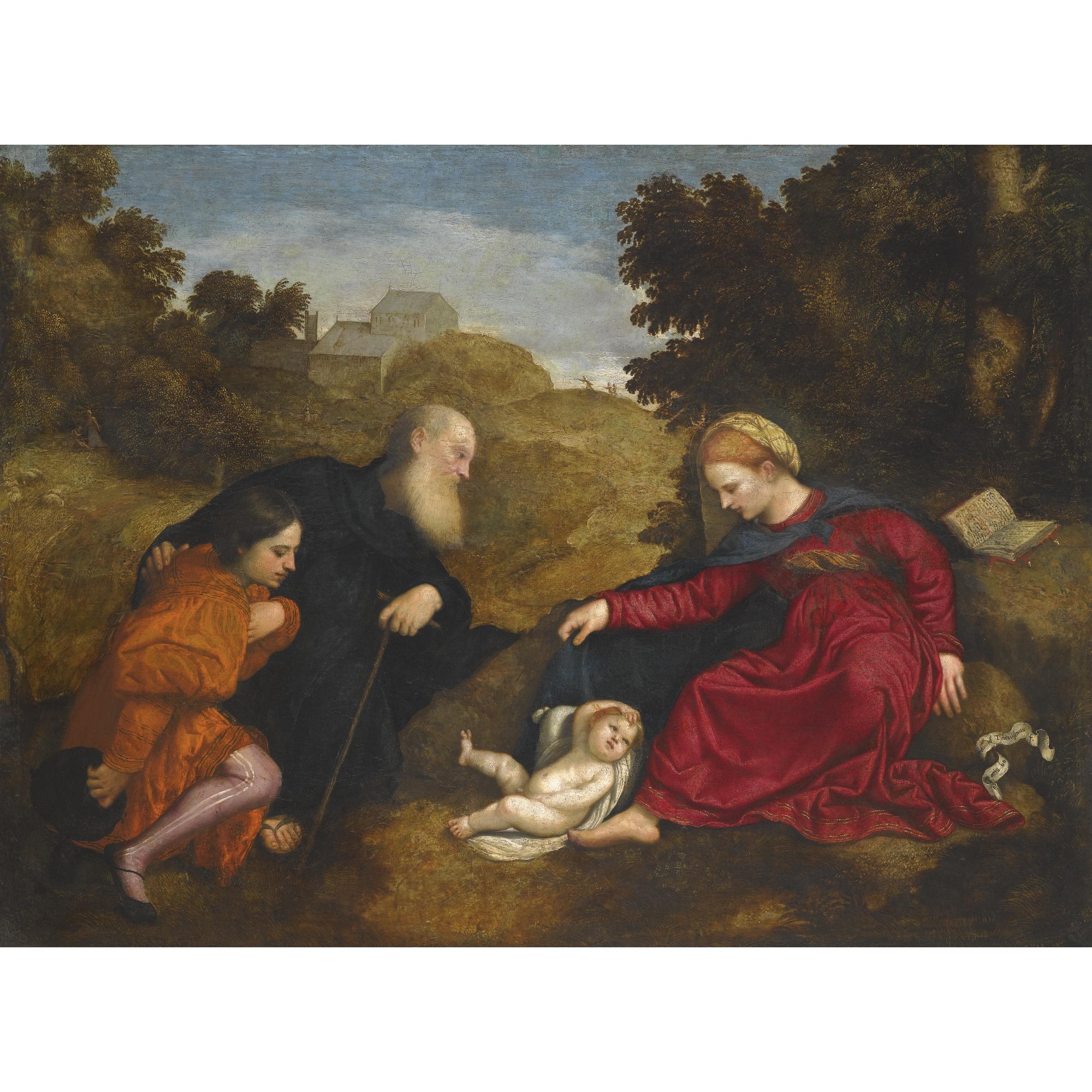 Paris Bordone - Madonna And Child With St Anthony Abbot And A Young Male Donor
