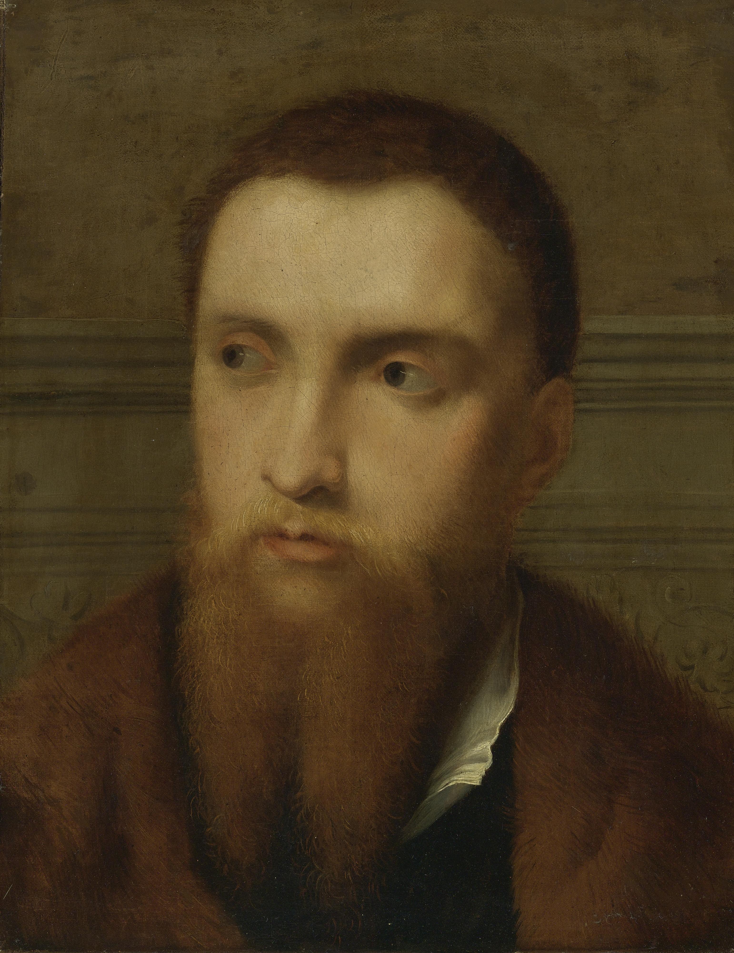 Paris Bordone - Portrait Of A Bearded Man, Head And Shoulders, In An Interior