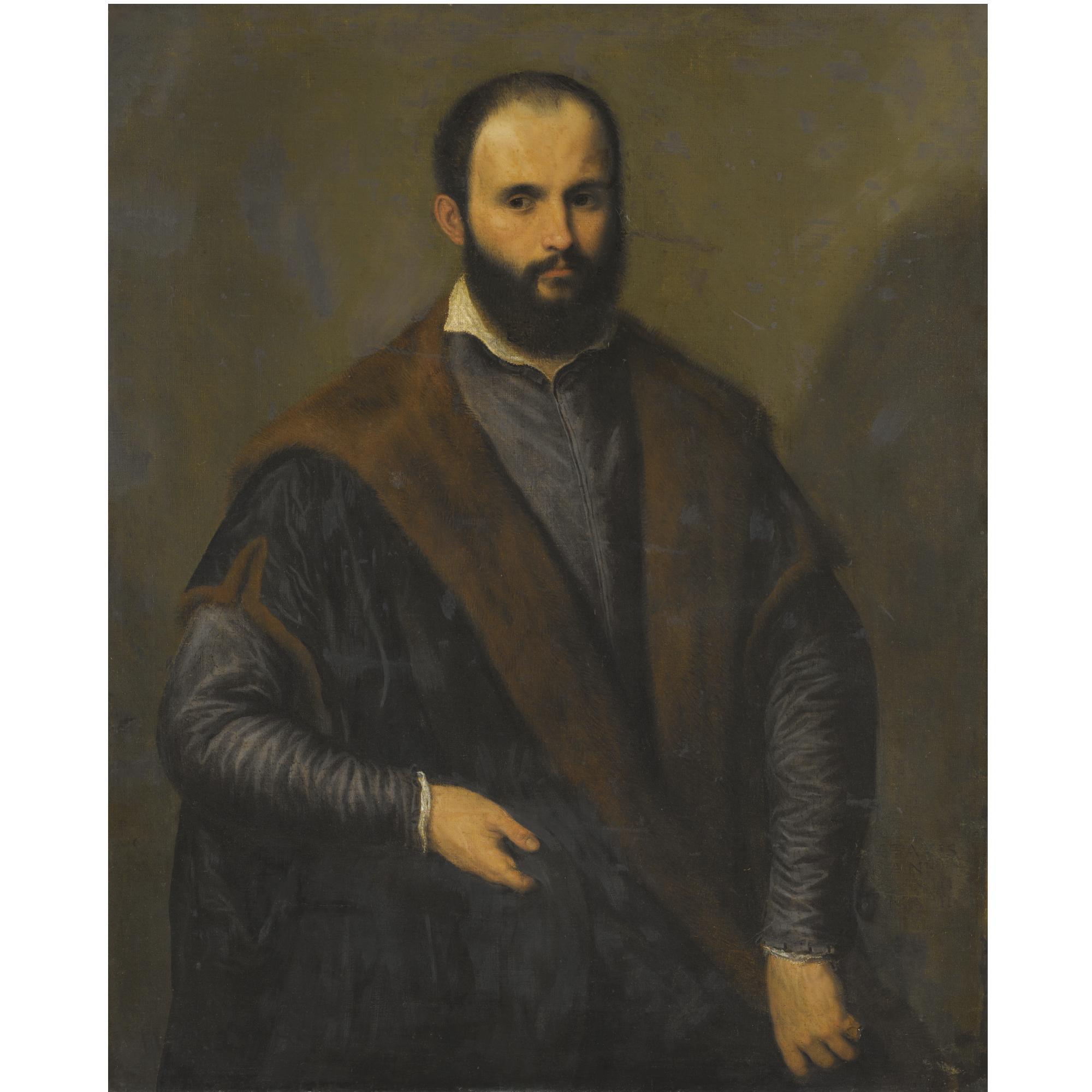 Paris Bordone - Portrait Of A Bearded Man, Three-Quarter Length, Wearing A Black Fur-Lined Coat, Holding A Cap In His Right Hand
