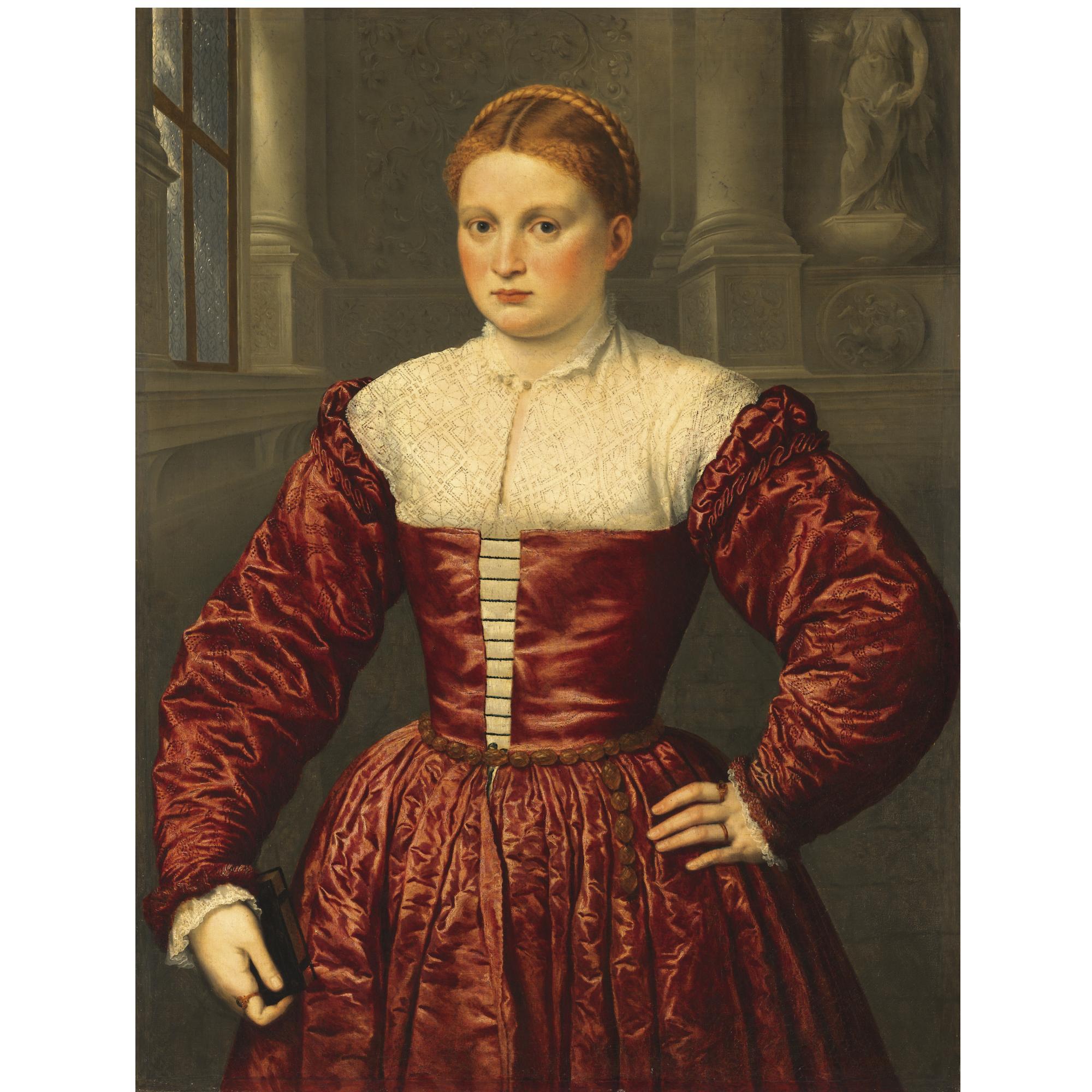 Paris Bordone - Portrait Of A Lady, Traditionally Believed To Be Of The Fugger Family, Standing Three-Quarter Length Within A Palace Interior, Wearing A Crimson Satin Dress And Holding A Prayer-Book In Her Right Hand