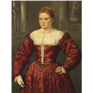 Paris Bordone - Portrait Of A Lady, Traditionally Believed To Be Of The Fugger Family, Standing Three-Quarter Length Within A Palace Interior, Wearing A Crimson Satin Dress And Holding A Prayer-Book In Her Right Hand