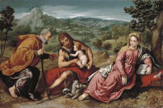 Paris Bordone - The Holy Family With Saint John The Baptist In An Extensive Landscape