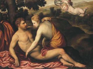 Paris Bordone - Un berger et une nymphe couronnés par Cupidon