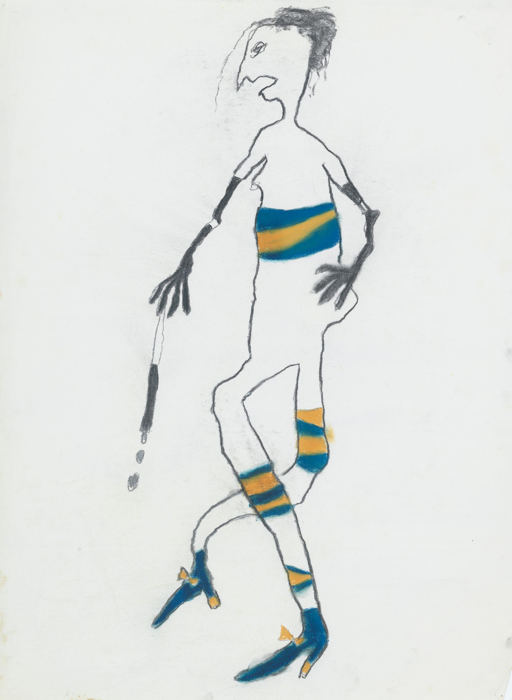 Pat Douthwaite - Blue and gold striped outfit