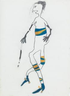 Pat Douthwaite - Blue and gold striped outfit