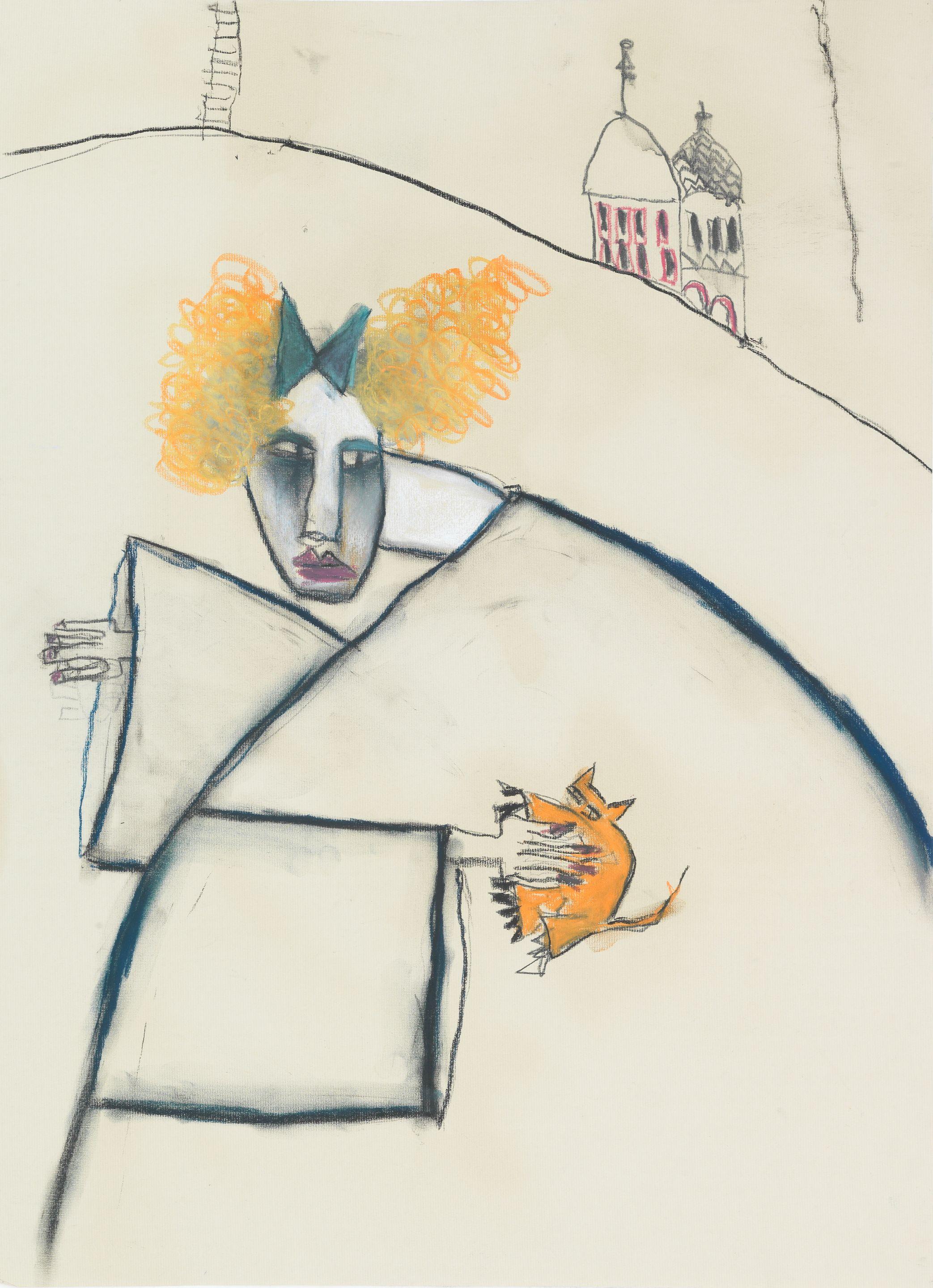 Pat Douthwaite - Woman with cat on hillside
