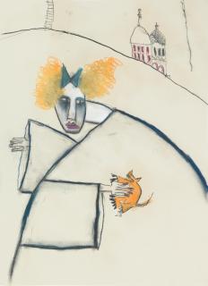 Pat Douthwaite - Woman with cat on hillside