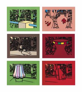 Patrick Caulfield - Garden With Pines, Signature Pots, Rosé Bottle, Terracotta Vase, Lamp And Pines, Evening Menu (Cristea 41-46)
