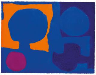 Patrick Heron - Squares And Discs Disintegrating, Orange And Maroon In Blues: June 1969