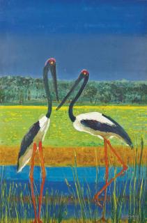 Patrick Hockey - Black-Necked Storks In A Tropical Landscape