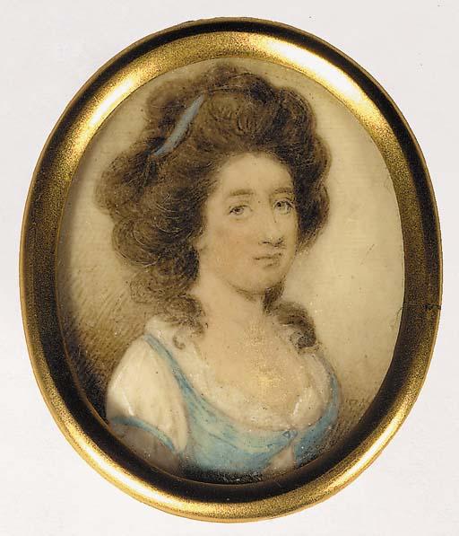 Patrick Mcmoreland - Elizabeth White, facing right in a white dress with blue bodice, a blue ribbon in her upswept curling hair