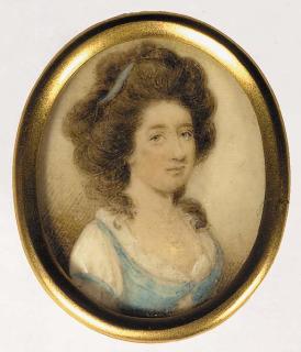 Patrick Mcmoreland - Elizabeth White, facing right in a white dress with blue bodice, a blue ribbon in her upswept curling hair