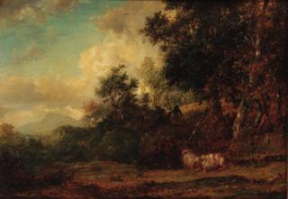 Patrick Nasmyth - A shepherd and sheep in a wooded landscape