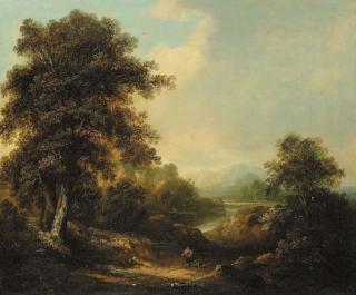 Patrick Nasmyth - A traveller on a track in a hilly wooded landscape
