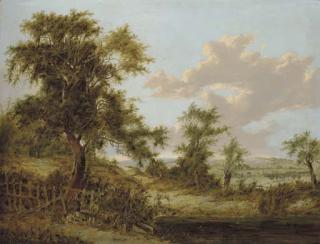 Patrick Nasmyth - A wooded landscape in Surrey with figures, the village of Godstone beyond