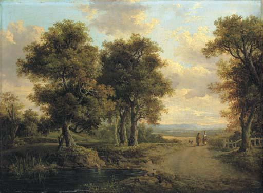 Patrick Nasmyth - A Wooded Landscape With A Pond In The Foreground And Figures On A Path In The Distance