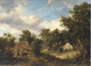 Patrick Nasmyth - A wooded landscape with cattle and a figure in front of a byre