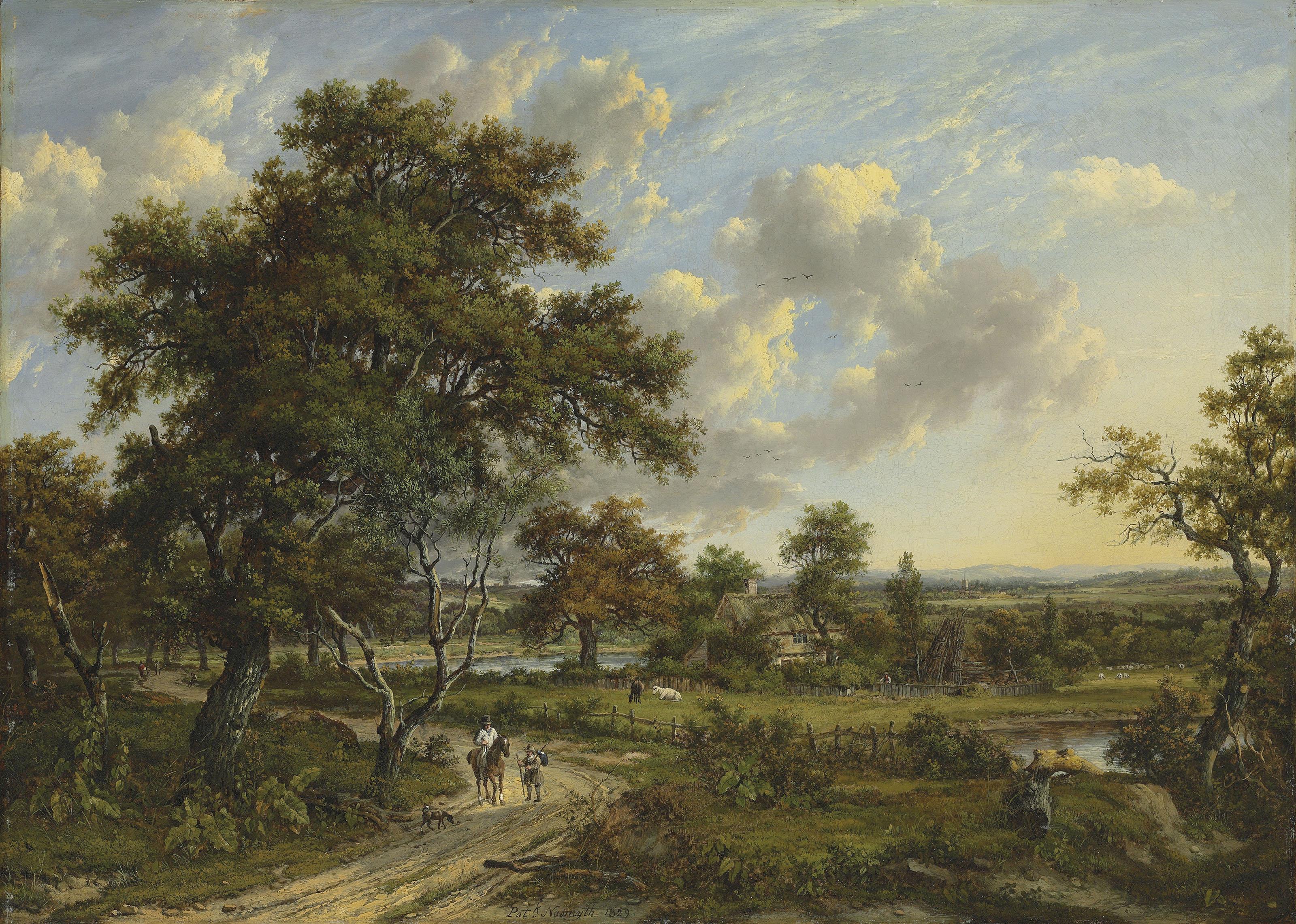 Patrick Nasmyth - A wooded landscape with travellers on a track